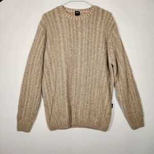 BOSS Virgin Wool Brown Tan Camel Ribbed Knit Crew Neck Sweater Jumper EU 54